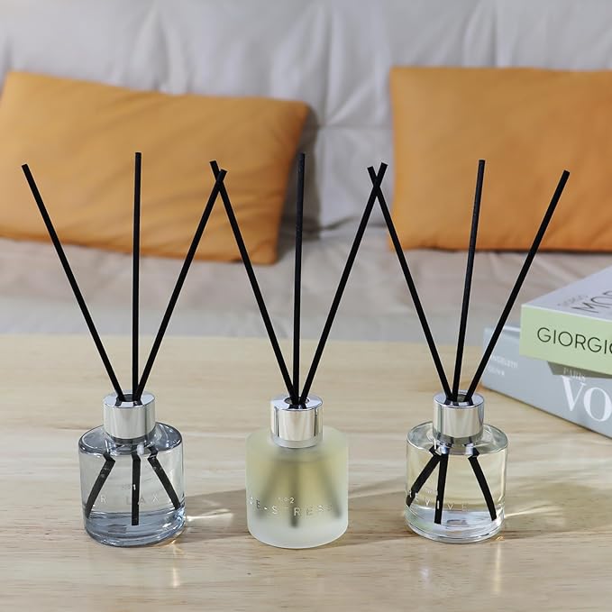 Set of 3 Reed Diffuser Set, 50ML Black Cedar Juniper Rose Sea Salt Reed Diffusers with 12 Black Fiber Sticks,Scent Diffuser Air Freshener for Bedroom Bathroom Office