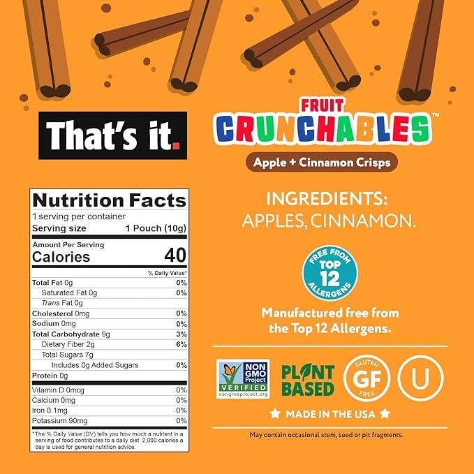 That’s it. Fruit Crunchables Apple + Cinnamon Crisps, 15-Pack – 100% Plant-Based Fruit Snacks for Kids, Non-GMO, Gluten-Free, No Added Sugar, Allergen-Free, Healthy Lunchbox Snack for Kids & Adults