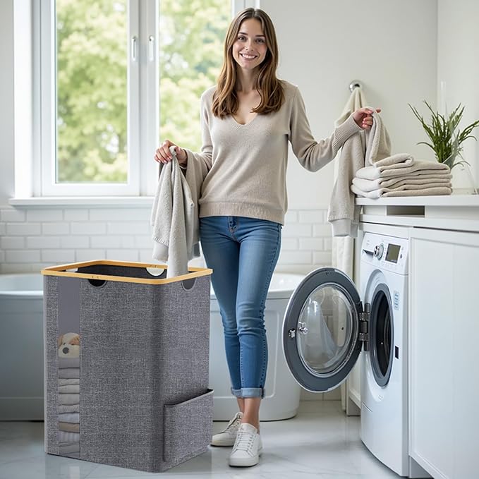 Laundry Basket Clothes Hamper with Lid and Pocket Large Collapsible Laundry Baskets with Handle, Freestanding Hampers for Bedroom Aesthetic, Dorm, Bathroom, Laundry Room (150L,Light Grey)