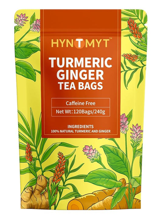 HYNTMYT Turmeric Ginger Tea Bags, Herbal Blend of Turmeric & Ginger Root, Warm & Light Spicy Flavor, Caffeine Free, 120 Count