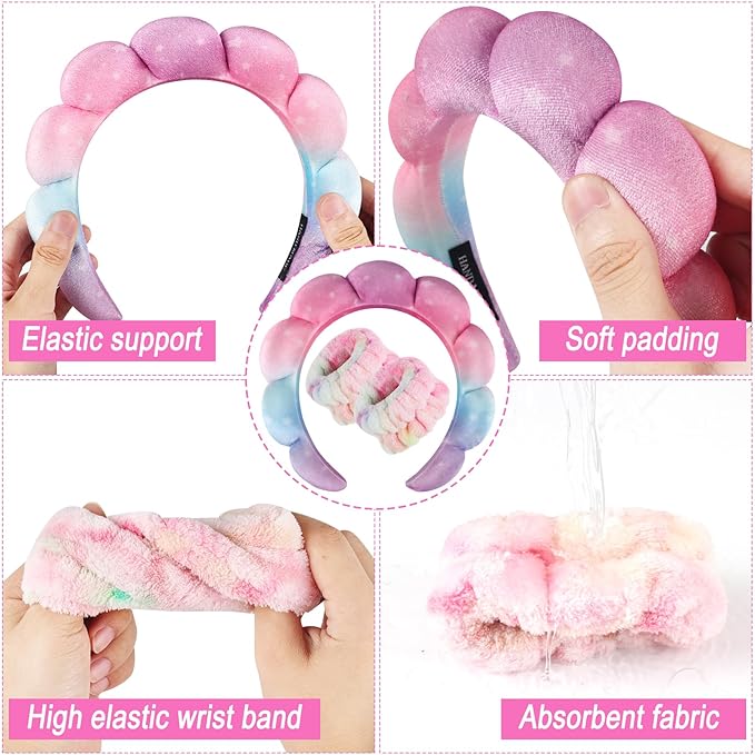 Zkptops Spa Headband for Washing Face Wristband Set Sponge Makeup Skincare Velvet Fabric Bubble Soft Get Ready Hairbands for Women Puffy Headwear Non Slip Thick Thin Hair Accessory(Star)
