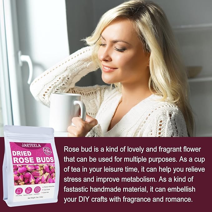 Jarteela - Premium Dried Rose Buds - 5oz/142g - Natural Food-grade Red Rosebud Flowers Bulk - Non-GMO - Caffeine-free - Perfect For Tea, Baking, DIY Candle/Soap