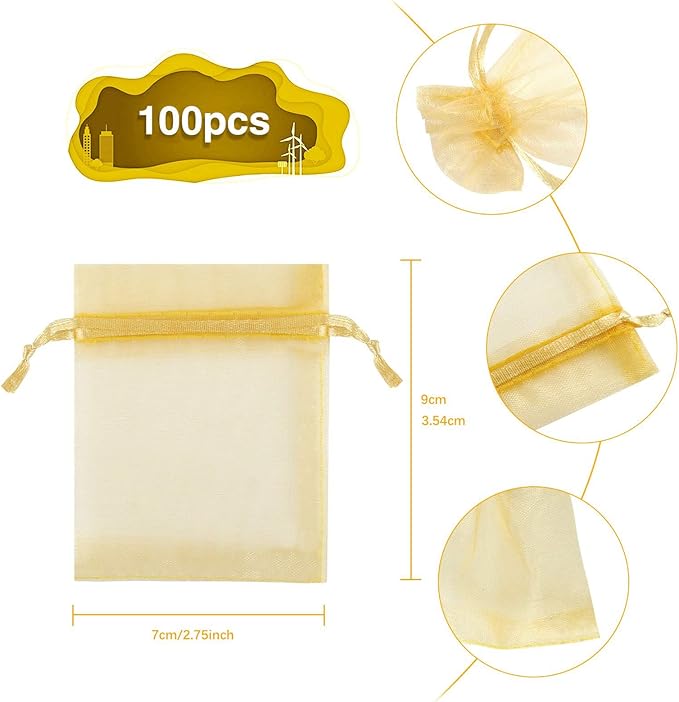 100Pcs Organza Gift Bags Gold Small Jewelry Pouches Wedding Jewelry Bag 2x3 Inch Favour bags Lavender Bag for Wedding Birthday Party Christmas Candy Mesh Bags