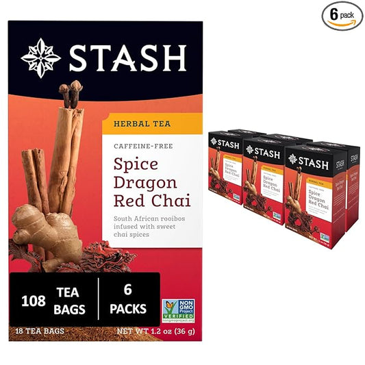 Stash Tea Spice Dragon Red Chai Herbal Tea, Caffeine Free, 18 Bags (Pack Of 6)