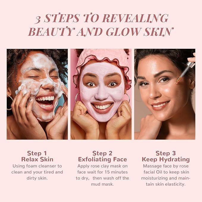 ANAiRUi Rose Skincare Gift Set, Christmas Gift for Women, Facial Skincare Kit for Women, Rose & Squalane Face wash and Moisturizer Set with Clay Mask, Face Cleanser and Facial Oil, Purify, Hydrate