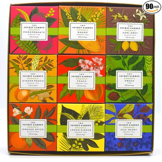 Life Plus Style Gourmet Secret Garden Tea Samplers Gift Box Set Premium Organic 90 Tea Bags Fruit Herbal Green & Black Tea Assorted Variety Pack of 9 Flavors for Tea Lovers Women Men & Coworker Gifts