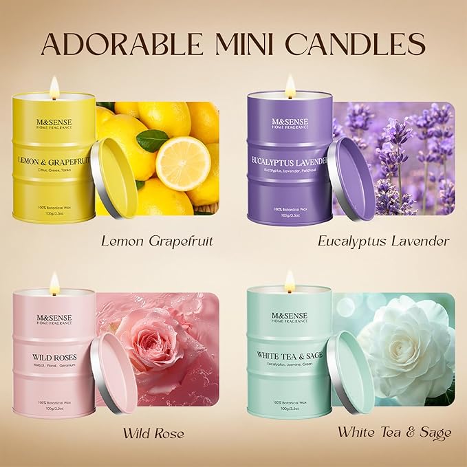 Fall Candles Set | Mini Scented Candles Gift Set | 4 Pack Candles for Home Scented Candle,Citrus Lemon Lavender Rose Sage Candle,Gift Set for Women and Men,Soy Wax 14 oz 86 Hour