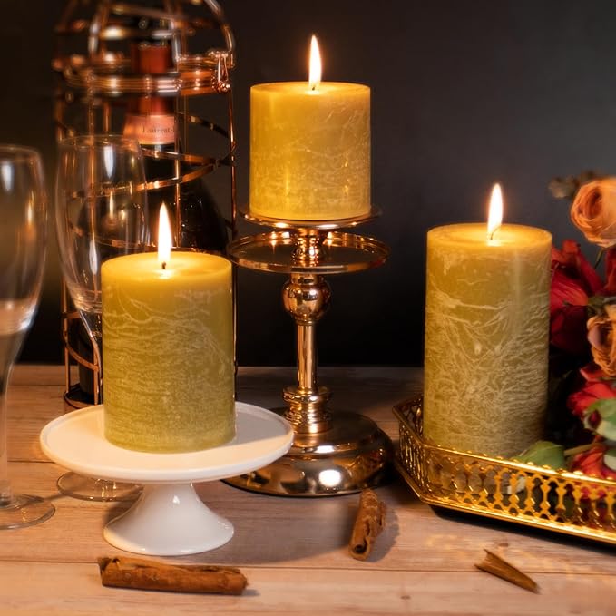 KONNI Wax Yellow Pillar Candles Set of 3, 3"x 6" Unscented Pillar Candles Bulk, 56 Hours Long Burning Candles, Smokeless&Dripless Large Round Candle for Wedding, Home Decoration, Parties, Spas, Dinner