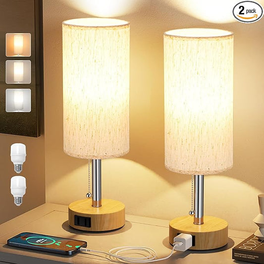 Fenmzee Wood Grain Bedside Table Lamps Set of 2-3 Color Temperatures Pull Chain Lamp with AC Outlet Charging Port, Round Night Stand Lamps for Bedroom Office, Small Bed Light with E26 LED Bulbs