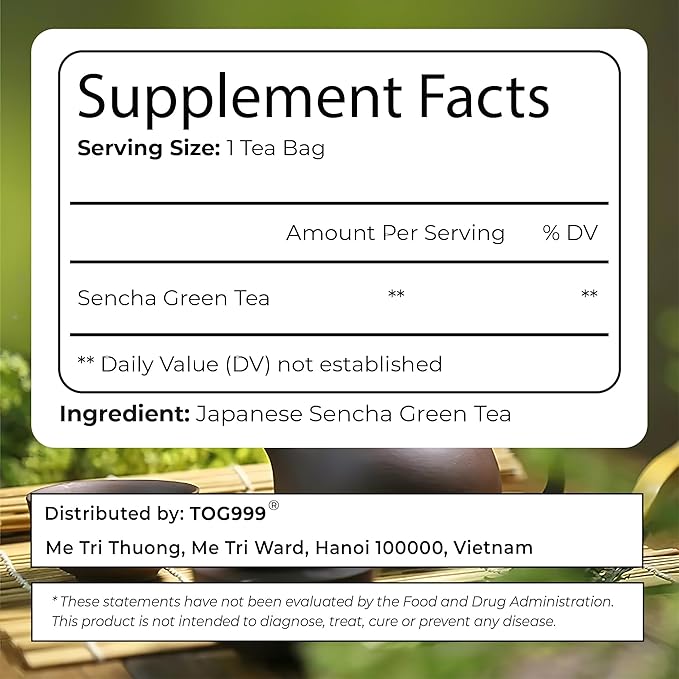 TOG999, Premium 60 Sencha Green Tea Bags, 100% Natural & Pure from Sencha Green Tea Leaves. Loose Leaf Sencha Herbal Tea. No Sugar, No Gluten, Vegan.