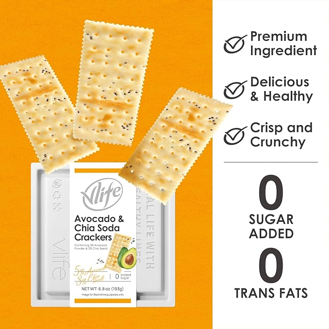 V-LOONG Avocado Chia Soda Crackers, Vlife Baked Saltine Crackers, No Added Sugar Healthy Snacks (1 PACK, 6.8 Ounce) Office Snacks, Low Sugar, Low Calories