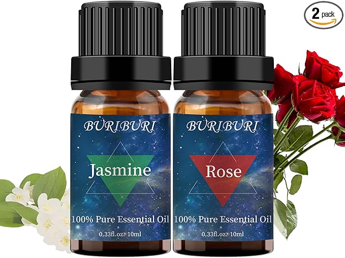 BURIBURI Rose Oil and Jasmine Essential Oil, 2Pcs 100% Pure Aromatherapy Rose Essential Oil Gift Set for Diffuser, Massage, Soap Candle Making