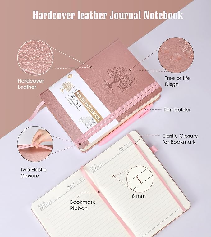 Lined Journal Notebook -365 Pages A5 Thick Journals for Writing Ruled Notebook, Pink Hardcover Leather Journals for Women Men, Daily Journal Notebook for Work, Note Taking ( 5.75'' X 8.38'' Rose Gold)