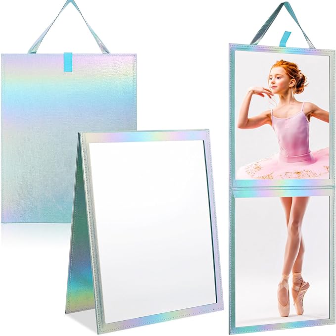 Chunful Foldable Backstage Mirror with Handle Holographic 33.5 X 13.4 Inch Folding Hanging Mirror Rectangular for Travel Dance Bag Home Fitness Spa Gift for Dancers(Blue)
