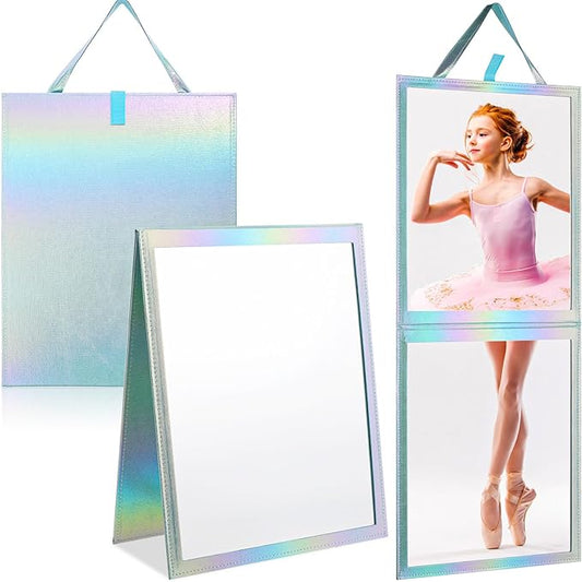 Chunful Foldable Backstage Mirror with Handle Holographic 33.5 X 13.4 Inch Folding Hanging Mirror Rectangular for Travel Dance Bag Home Fitness Spa Gift for Dancers(Blue)