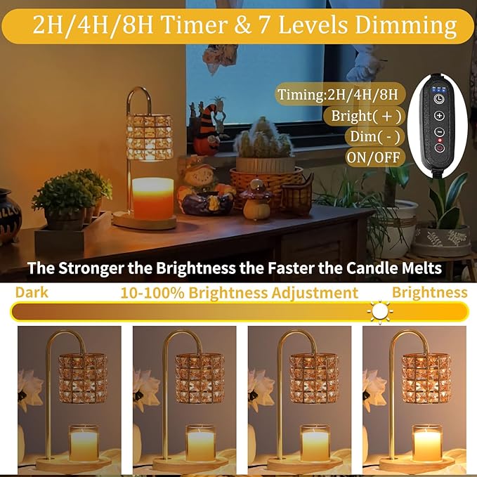 Candle Warmer Lamp, Wax Warmer Lamp with 2 Bulbs, Timer & Dimmer 7-Levels, Candle Top Melting Compatible Jar Candles, Glass Candle Heater Lamp for Scented Wax, Gifts for Mom Home Decor (Amber)