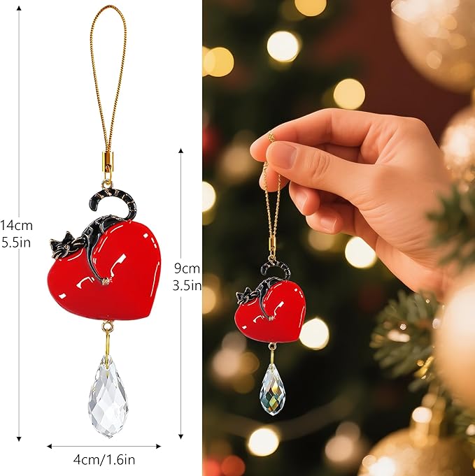 H&D HYALINE & DORA Red Heart with Black Cat Decor Hanging Ornaments Christmas Tree Ornaments Crystal Glass Animal Hanging Ornament 2025(Set of 6)