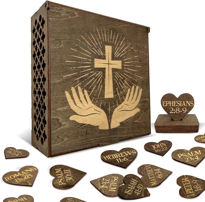 Biblical Affirmations Box | Christian Themed Engraved Wood Box with 72 Scripture Affirmation Heart Cutouts | Daily Motivational Religious Gift