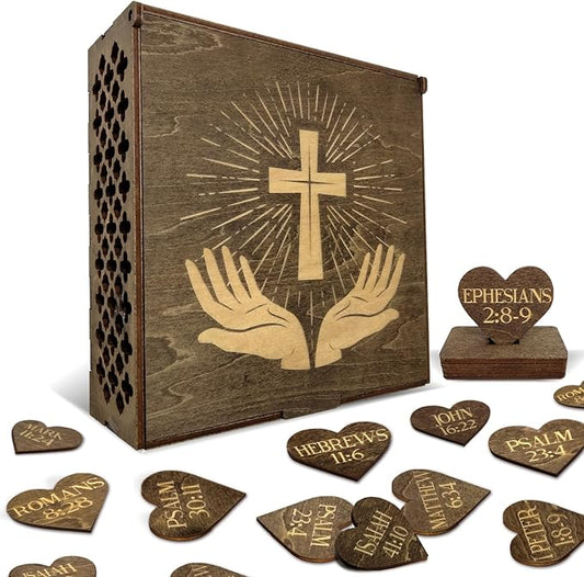 Biblical Affirmations Box | Christian Themed Engraved Wood Box with 72 Scripture Affirmation Heart Cutouts | Daily Motivational Religious Gift