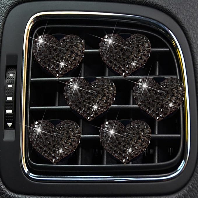 6 Pcs Heart-Shaped Crystal Diamond Air Vent Clip, Heart-Shaped Bling Charms Crystal Car Freshening Diffuser, Car Bling Interior Decorative Accessories for Women (Black)