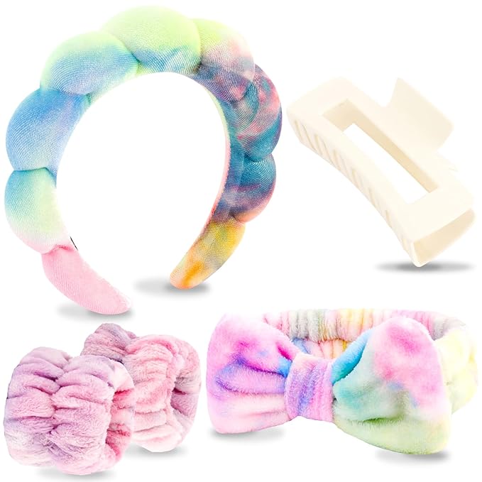 VELSCRUN Spa Headband, Makeup Face Wash Skincare Headbands, 5 Pcs Deep Colorful Sponge Bow Tie Get Ready HairBand Facial Wristband Hair Clips Set, Stuff for Teen Girls Women Trendy Hair Accessories