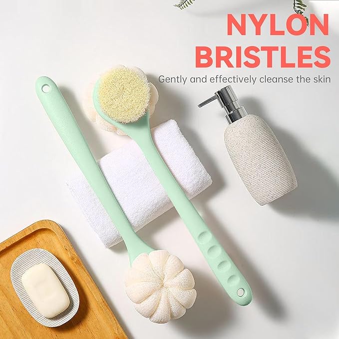 Back Scrubber for Shower, 15.7" Loofah with Handle, Back Shower Brush with Bristles and Loofah, Dry Brushing Body Brush for Cleanse Back and Hard to Reach Areas with Curved Long Handle