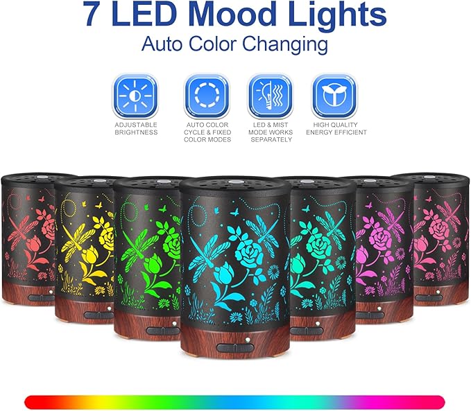 Essential Oil Diffuser- Aromatherapy Diffuser with7 Colors Light, and Auto-Off - Metal Cool Mist Humidifier for Home and Office（Roses + Dragonflies）…