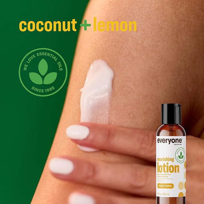 Everyone 2-in-1 Lotion for Hands/Body, Travel Size, 2 ounce (Pack of 12) Coconut and Lemon made with Essential Oils for Men and Women