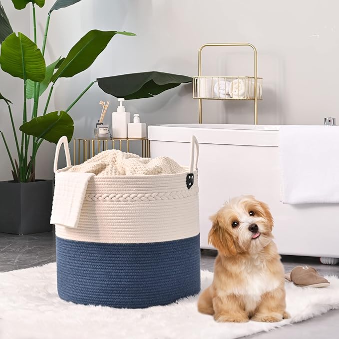 KAKAMAY Large Blanket Basket (18"x18"x16"),Woven Baby Laundry Hamper for Storage, Cotton Rope Blankets Baskets for Nursery, Laundry, Living Room, Pillows, Baby Toy chest with Handles (Navyblue)