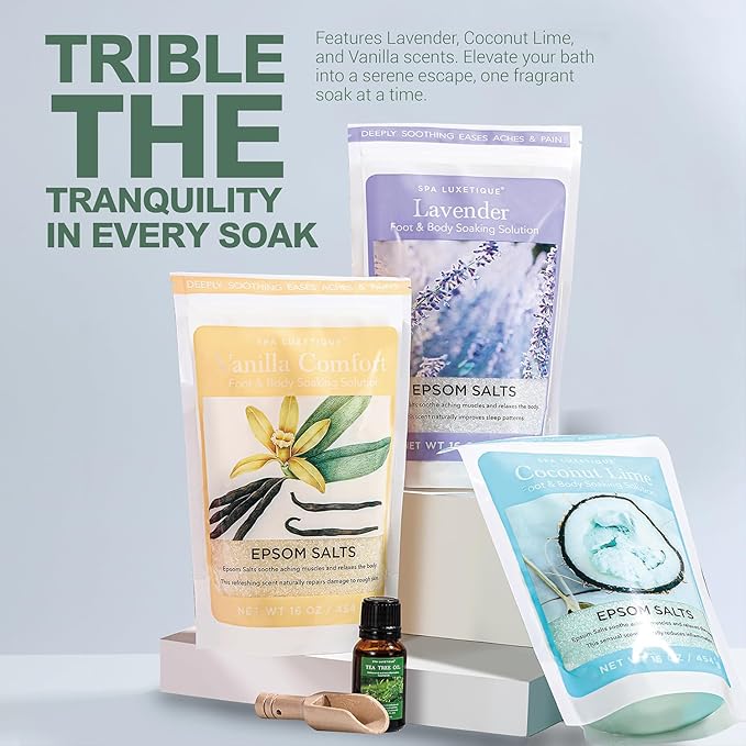 Spa Luxetique Epsom Salts for Soaking, Bath Salts for Women Gifts Set with Lavender, Vanilla and Coconut Scent Bath Set with Tea Tree Oil for Mom Christmas Gifts
