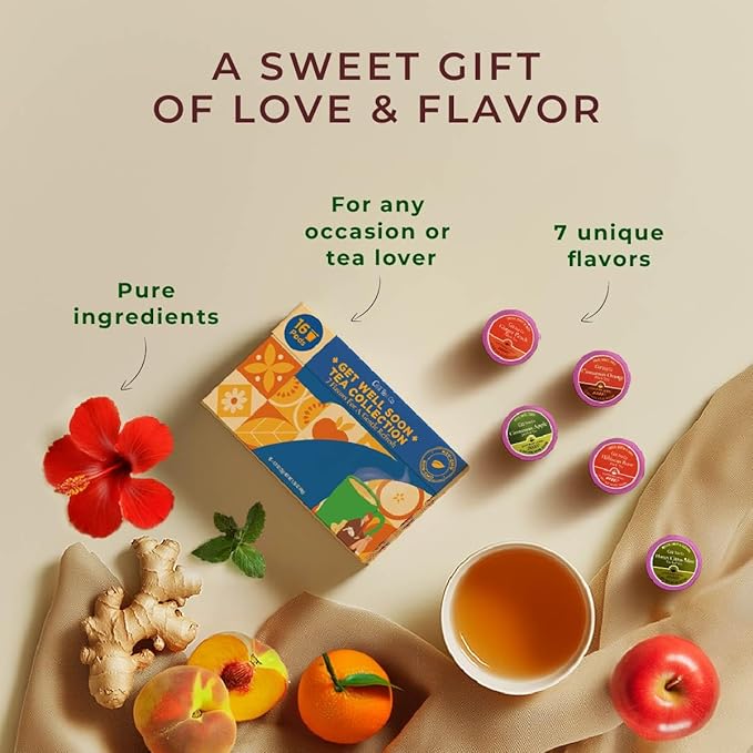 Gya Tea Co Get Well Soon Collection Tea Gift Set (16 ct) - 7 Flavors Assorted Tea Pod Variety Pack with Hibiscus Rose, Cinnamon & Ginger Peach