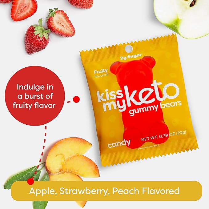 Kiss My Keto Sugar Free Gummy Bears, 12-Pack – Satisfy Cravings while Staying in Ketosis – High Fiber, 3g Net Carbs, Non-GMO, Vegan, & No Gluten – Fruity Sugar Free Gummies