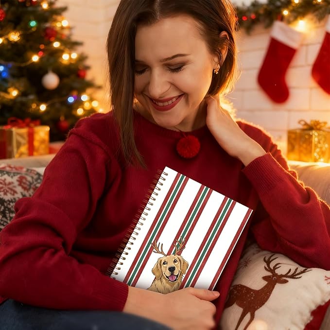 Exqcom Christmas Golden Retriever Spiral Notebook Gifts, Golden Retriever Lover Gifts Journal for Women, Striped Funny Dog Hardcover Notebook Journal Office School Supplies, 5.5x8.3 Inch
