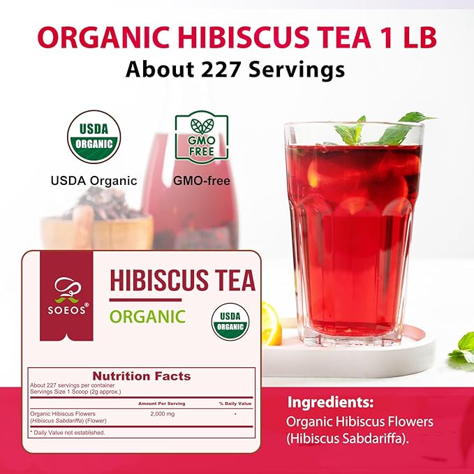 Soeos Organic Hibiscus Flower Herbal Tea, 1lb (16oz), Whole Dried Petals, Bold Tart Flavor, Caffeine-Free & Naturally Refreshing, Perfect for Iced Tea, Hot Infusions, and Floral Blends