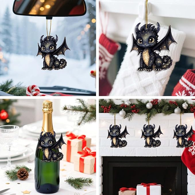 Black Dragon Christmas Tree Keepsake Ornaments, Funny Dragons Themed 2 Side Printed Flat Wooden Ornament, Xmas Hanging Decor