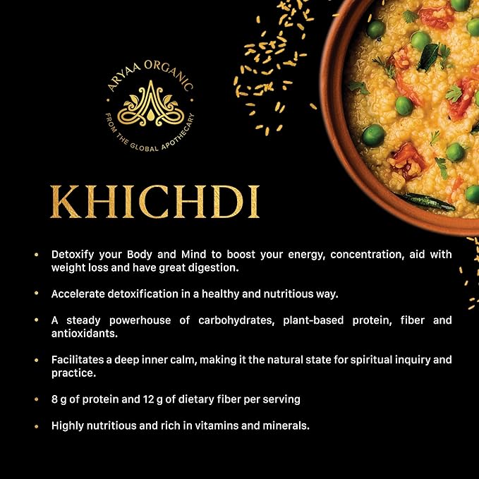 Aryaa Organic Khichdi 1.15lb (4 pack/220g) - Makes 16 Cups | Indian Risotto: Basmati Rice, Lentils & Spices, Organic, Gluten-Free, Non-GMO, Vegan, No Preservatives