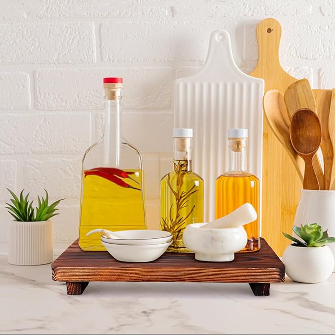 Farmhouse Bathroom Counter Tray Wood Risers Display Stands Kitchen Countertop Trays Decorative Dish Soap Dispenser Holder for Bathroom Sink Accessories Wooden Pedestal Stand Kitchen Decor Vanity Tray