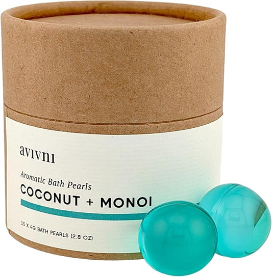 Avivni Moisturizing Bath Oil Beads (15 Pearls), Coconut Oil, Monoi Oil, Soothing Tropical Scent, Biodegradable, Recyclable Container, Mother's Day