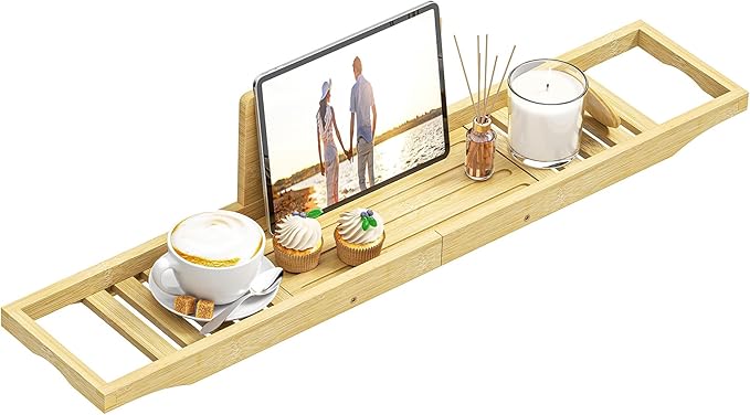 Bathtub Tray Caddy - Bath Tray - Bath Tub Table Tray Caddy - Bamboo Bath Tray for Tub