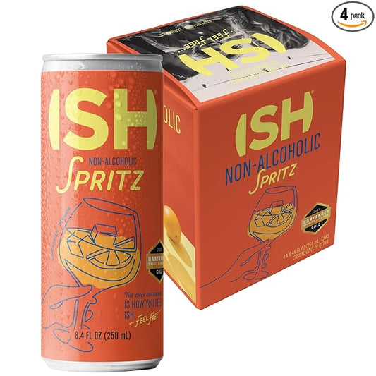 ISH Spritz, Non Alcoholic Aperol Canned Cocktail, Award Winning Non-Alcoholic Spirits, Gluten Free, Zero Proof Orange Bitters, Mocktail Drinks, Ready to Drink Cans, Mocktails for Party, 4 Pack