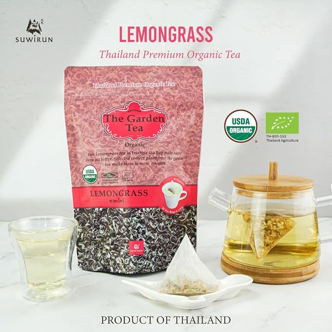 Suwirun Organic Lemongrass Tea 25 Bags – Product of Thailand – Citrusy & Refreshing Herbal Tea, Caffeine-Free, No Calories, Soothes Throat & Aids Digestion, Enjoy Hot or Cold