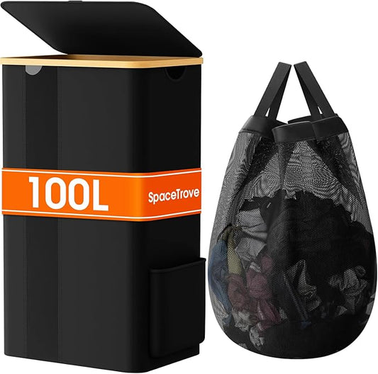 Laundry Basket Clothes Hamper with Lid and Removable Bag Large Collapsible Laundry Baskets with Handle, Freestanding Hampers for Bedroom Aesthetic, Dorm, Bathroom, Laundry Room 100L (Black)