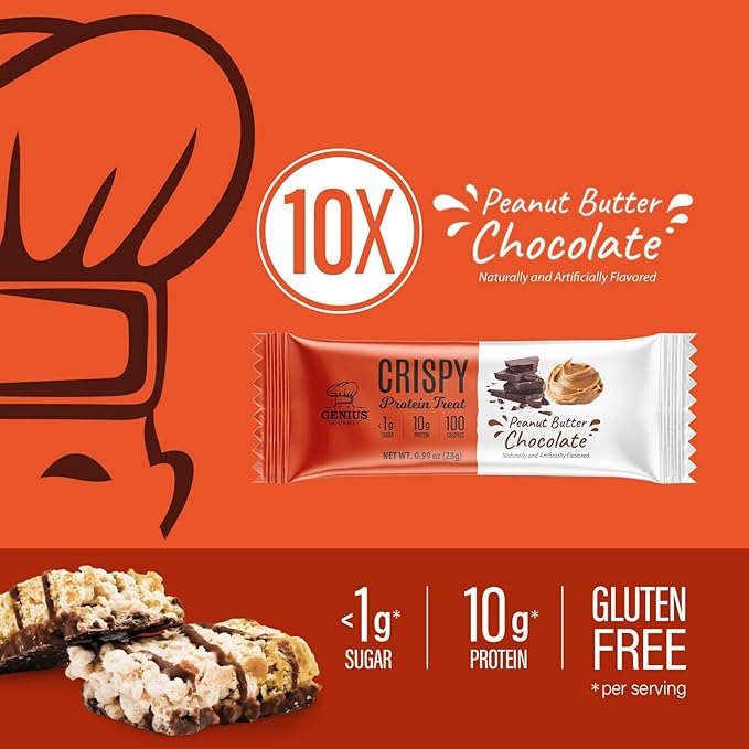 Genius Gourmet Crispy Protein Treat, Chocolate Peanut Butter, Keto Snack, Low Carb, Low Sugar & Gluten Free, Protein Snacks for Adults, 10G of Whey Protein per Protein Bar, 5 Net Carbs, 10 CT