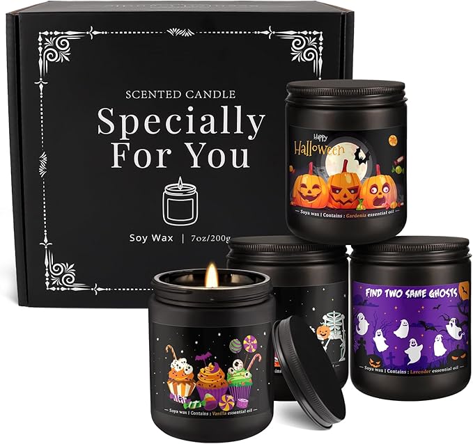 4 Pack Black Halloween Scented Candles -7oz Soy Wax Candles with Essential Oils (Rosemary, Vanilla, Gardenia, Lavender) -for Halloween, Christmas, Home Decor