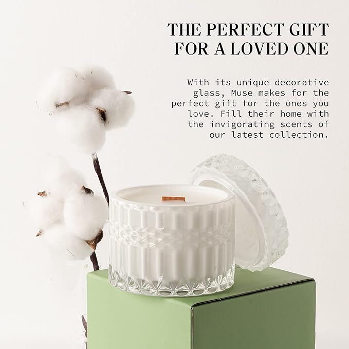 Hidden Label Fresh Cotton Scented Crackling Wood Wick Soy Candles, Muse Collection 7.4oz Glass Jar Decorative Candles, Perfect Gifts for Women on Valentines Day, Birthday, Mothers Day