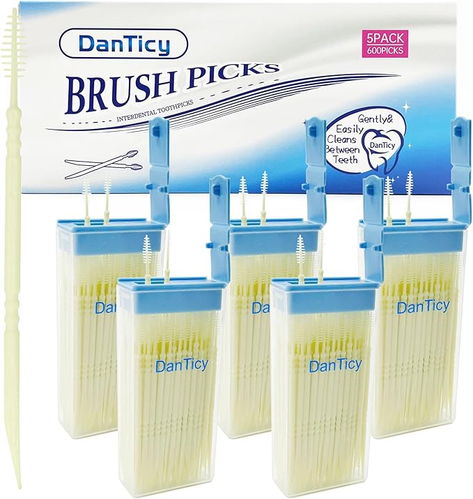 Brushpicks Interdental Toothpicks,Soft Bristle Dental Floss Picks Toothpicks,Helps Removes Plaque and Debris Between Your Teeth 600PCS (Pack of 5) Coconut
