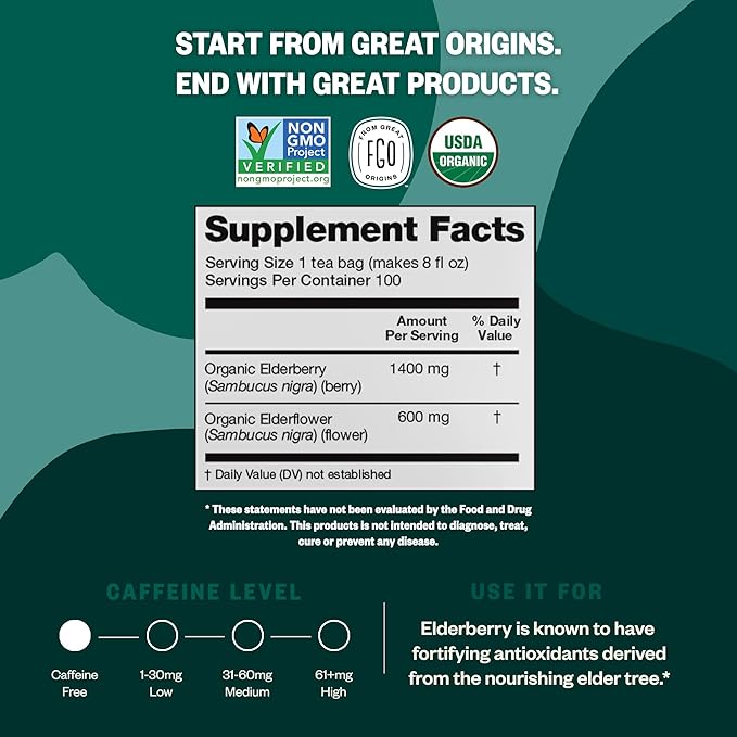 FGO Organic Elderberry Tea, 100 Count, Eco-Conscious Herbal Tea Bags, Resealabel Bag, Caffeine Free, Packaging May Vary (Pack of 1)