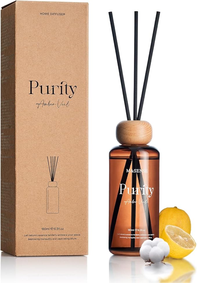 M&SENSE Amber Citrus Reed Diffuser: 6.3 fl oz Lemon & Linen Scented Aroma Set with Light & Subtle Fragrance, Non-Toxic Natural Essential Oil Gifts for Bedroom Shelf Decor Small Spaces