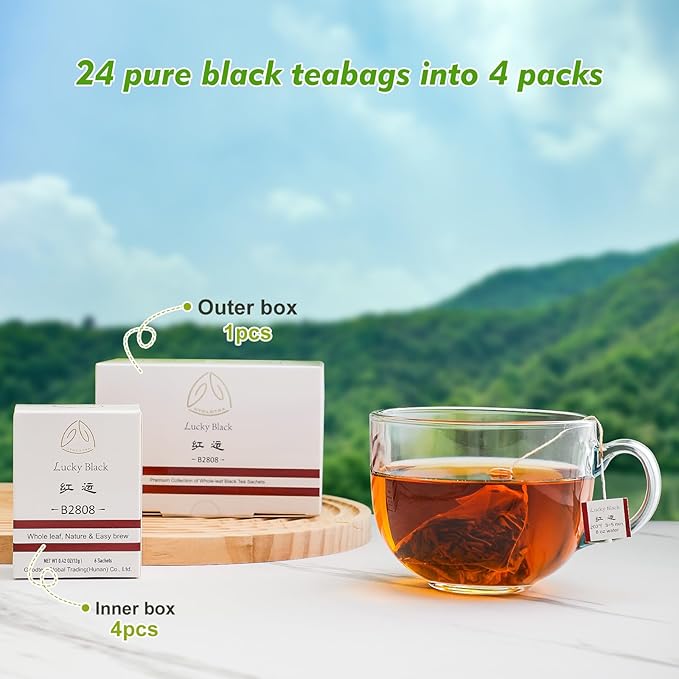 GTGLOTRA Full-Leaf Loose Black Tea, 24 Pyramid TeaBags(4 Pack), Easy Brew, Spring Harvest, Caffeine Alternative to Coffee, 100% Natural, Low Caffeine, Biodegradable Whole Leaf Tea Sampler, Office Reception,Family Party &Gifts