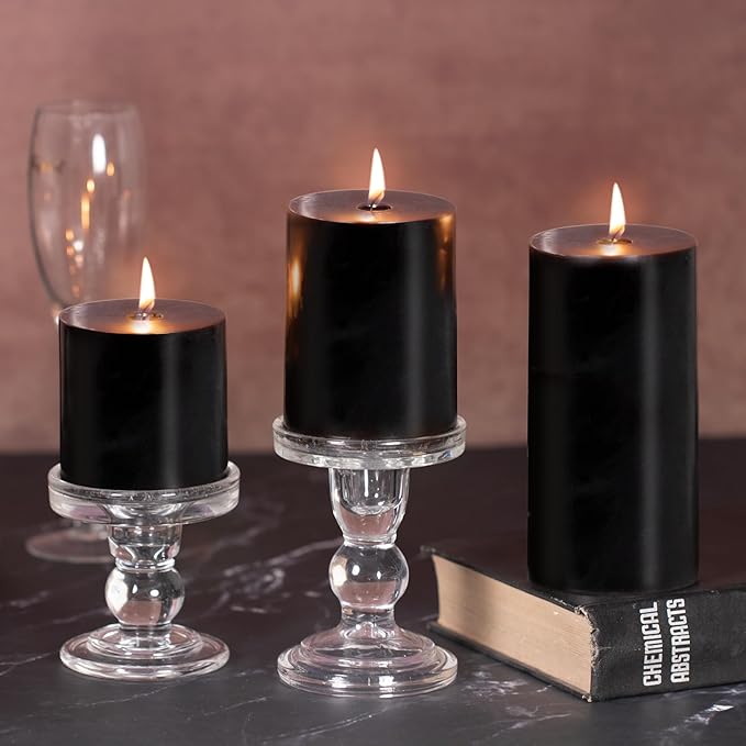 KONNI Black Pillar Candles Set of 3, 3"x 6" Unscented Pillar Candles Bulk, 56 Hours Long Burning Candles, Smokeless&Dripless Large Round Candle for Wedding, Home Decoration, Parties, Spas, Dinner